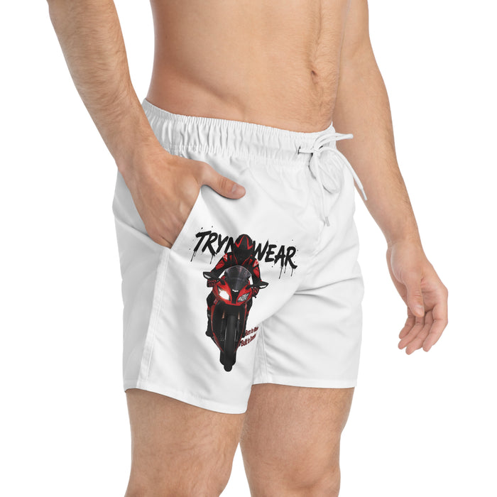 TrynxWear Motorcycle Rider Swim Trunks Red Sportbike Graphic