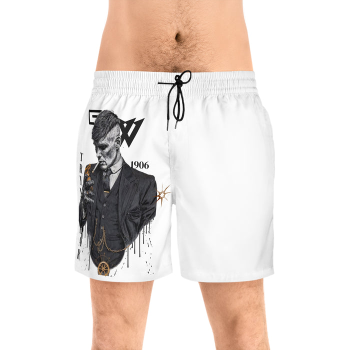 TrynxWear Men's Mid-Length Swim Shorts All-Over Print Customizable White Beach Trunks