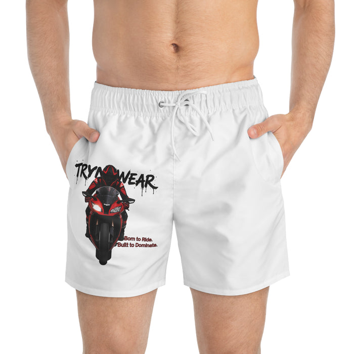 TrynxWear Motorcycle Rider Swim Trunks Red Sportbike Graphic